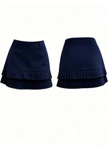 1pc Solid Color Minimalist Short Skirt, Collegiate Style, Spring/Summer, New Arrival - Navy Blue - View 5