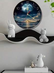 1pc 10"/12" Modern Wooden Night Sky Moon Design Wall Clock, Classic Style With Gold Numerals, Wall Mounted, Suitable For Home Or Office Decor, Nighttime Decor | Landscape Wall Clock | Durable Wall Clock, Wall Clock Decor - Multicolor - View 4