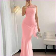 . .  Vestido maxi ajustado de estilo elegante y romántico, con cuello asimétrico, adecuado para fiesta, vacaciones en la playa, vuelta al colegio, citas románticas, temporada de bodas, cumpleaños, Pascua, primavera/verano - Rosa - Ver 1