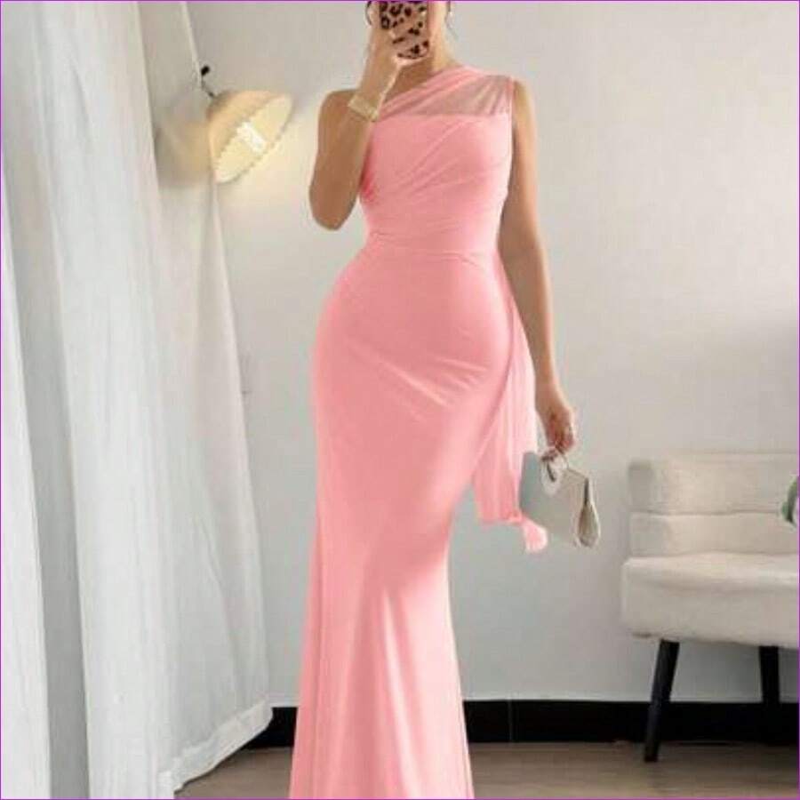 . .  Vestido maxi ajustado de estilo elegante y romántico, con cuello asimétrico, adecuado para fiesta, vacaciones en la playa, vuelta al colegio, citas románticas, temporada de bodas, cumpleaños, Pascua, primavera/verano - Rosa - Ver 1