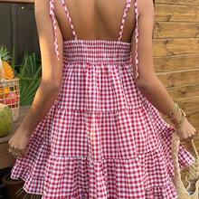 Vestido de mujer retro francés de cuadros rojos con tirantes finos, nuevo diseño de primavera temprana con encaje, favorecedora, versátil, dulce y elegante con capas - Burdeos - Ver 3