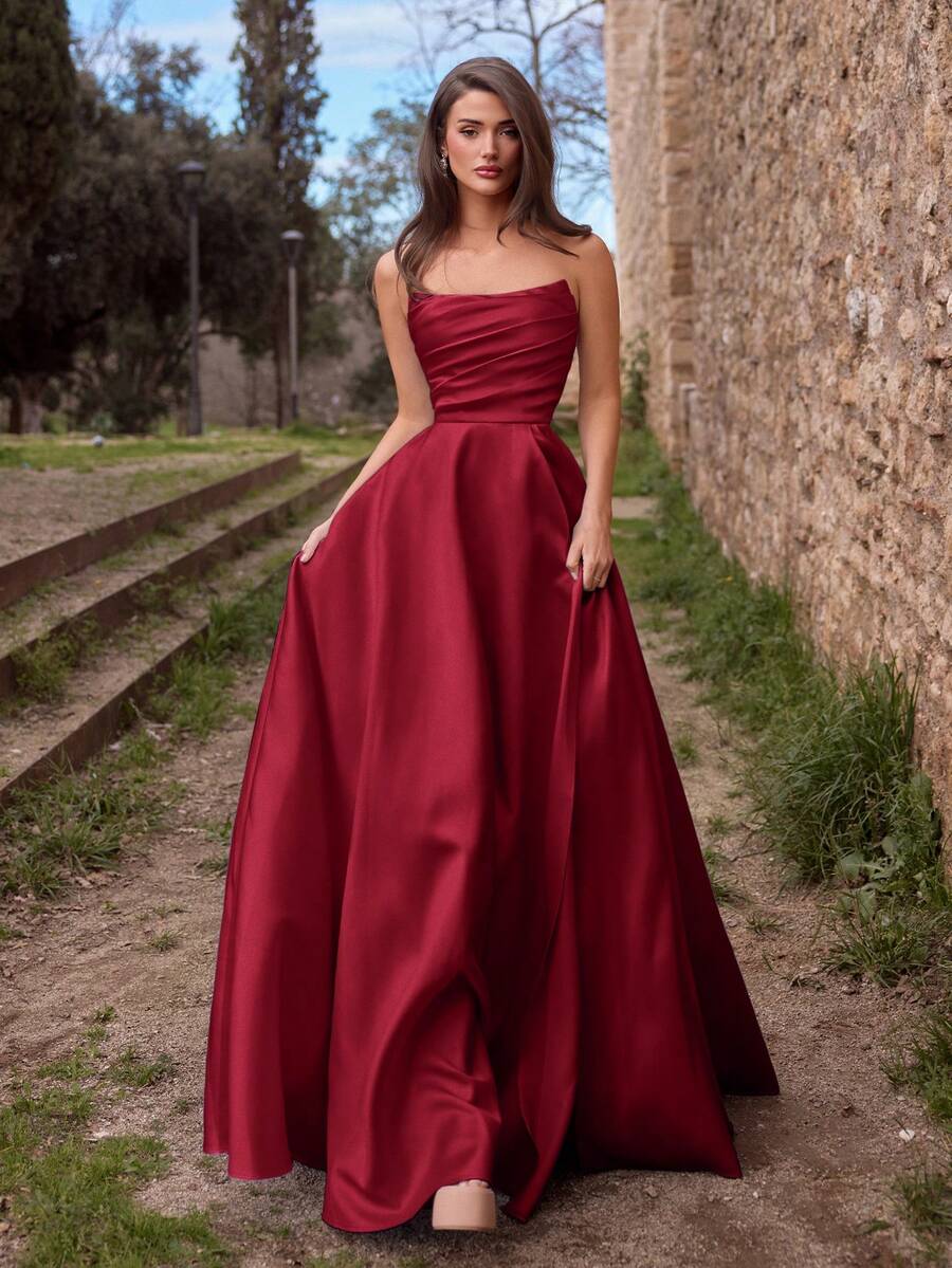 Faeriesty Women's Elegant Ruched Bodycon High Slit Evening Gown - Spring/Summer Formal Dress Fall Wedding Party - Burgundy - View 1