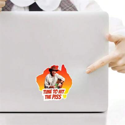 (1PC) 3 Inch Waterproof Removable PVC Vinyl Sticker Decal - Funny Australian Outback "Time To Hit The Piss" Meme Sticker With Cowboy Hat Beer Guy Graphic & Australia Map Sunset Design For Laptop, Tumbler, Esky, Car Window, Water Bottle, Cooler & Camper Decor - Aussie Humor Sticker For Gen Z Men & Women, Drinking Joke Decal, Retro Travel Aesthetic, Camping Party Gift, Beer Lover Y2K Adventure Sticker For Road Trips & Outdoor Fans