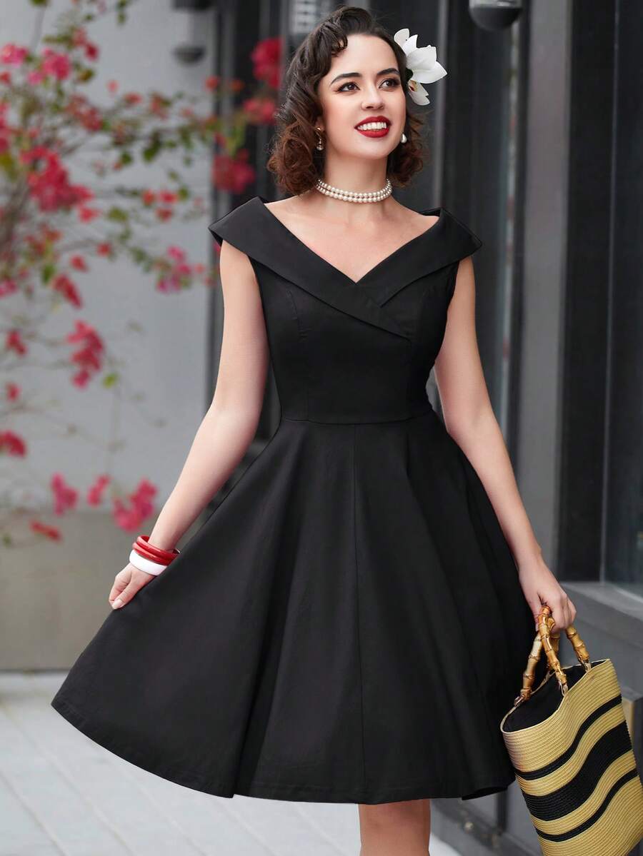 MUXXN 優雅女款無袖 A 字中長洋裝，喇叭下擺，適合正式場合與伴娘禮服，黑色夏季款