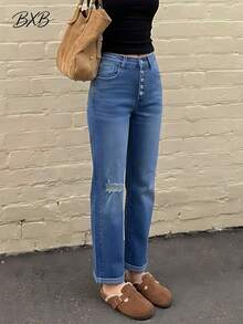 Women's Light Blue Washed High Waist Button Fly Ripped Rolled Hem Straight Leg Jeans Multi Pockets Casual Streetwear Breathable Comfy Daily Vacation All Season Women's Trousers - 藍色 - 查看 2