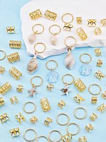 58pcs Mutil Forms Hair Rings With Gradient Shells, Conch, Adjustable Cuffs, Coastal Elements Hair Jewelry For Dreadlocks & Braids - Gold - View 3