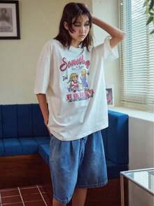 100% Cotton. Casual Short-Sleeved Printed T-Shirt. Women's Cotton T-Shirt With Anime Graphics, Crew Neck, Short Sleeves, Loose And Slim Fit, Summer Basic Top. Spring And Summer Top. - White - View 3