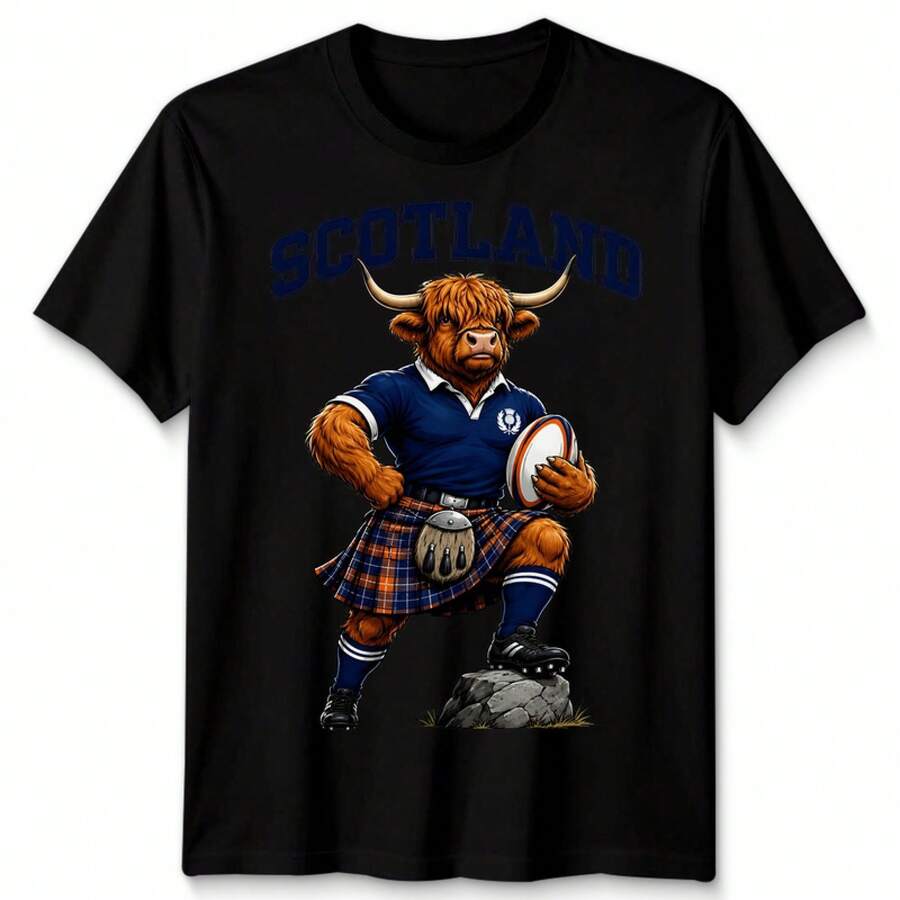 Scottish Unisex T Shirt Highland Cow Scotland Fans Rugby Graphic Tee - Negro - Ver 1
