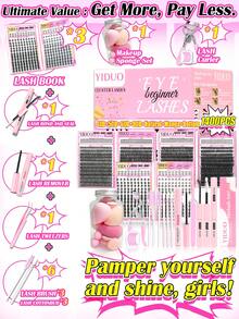 YIDUO 簇狀睫毛套組 1400PCS 漫畫感水光柔細簇狀睫毛 40D 50D 60D 80D 9-16mm 連續長度 D捲 個別睫毛 附仙女漫畫下睫毛 全套DIY睫毛工具組 初學者適用 旅行必備 女性禮物 自居家DIY - 彩色 - 查看 2
