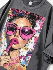Vintage Pop‑Street‑Style Cool‑Woman‑Portrait Collage‑Graffiti Creative Graphic Printed 230GSM High‑Quality 100% Cotton Loose T‑Shirt, Unisex Casual Daily Top, Perfect For Summer Activities, Back To School, Holiday Gifts, Core Graphic Tees Men, Mens Clothes - Xám - Xem 6