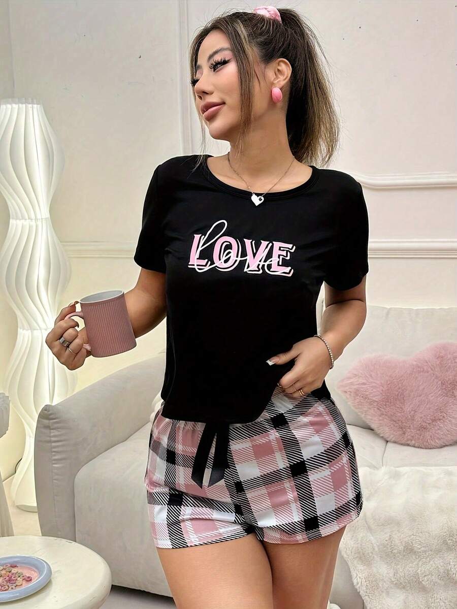 Conjunto de Pijama para Mujer con Estampado de Alfabeto - Negro - Ver 1
