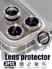 3pcs - Camera Lens Protector For IPhone 17 Pro/17 Pro Max, Grey Glitter Camera Lens Protector, Compatible With IPhone Phone Case, Glitter Surface, 9H Tempered Glass Camera Lens Cover Screen Protector, With Metal Ring Decorative Accessory - Light Grey - View 8