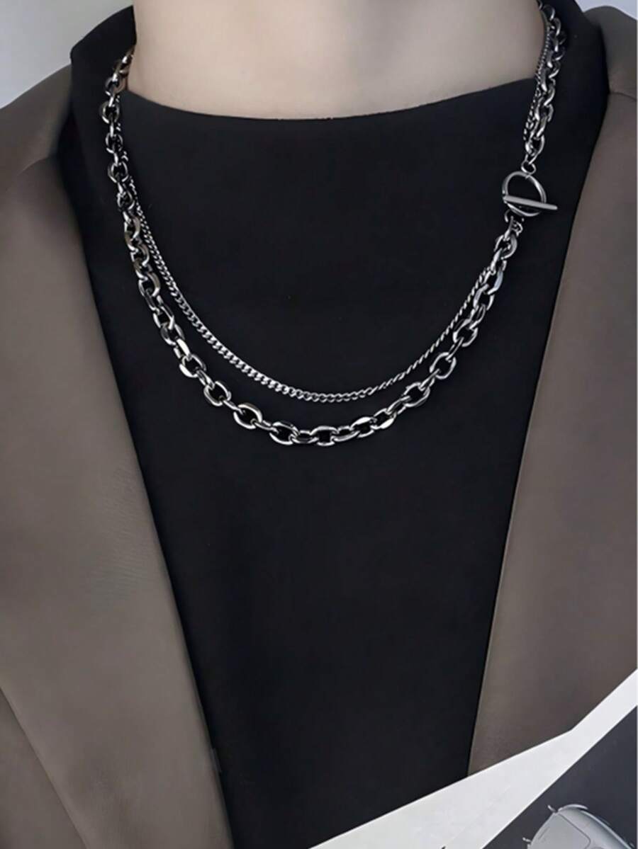 Collar de cadena gruesa de doble capa con cierre OT, estilo minimalista de calle hip-hop, cadena de clavícula versátil, accesorio punk unisex - Plateado - Ver 1
