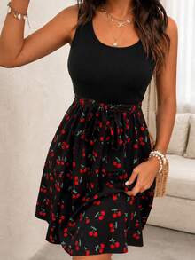 Casual Fashionable Women's Ditsy Floral Camisole Dress With Tie Waist Belt Elegant Vacation Black Summer - Black - View 3