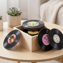 6pcs/Set Vintage Vinyl Record Design Wooden Coasters, Single-Sided Printing, Suitable For Bar, Home Party, Cafe, Office And Housewarming Gift, Home Decor, Office Supplies, Retro Style, Drink Coasters, Kitchen Accessories, Best Gift Choice, Perfect Gift For Holidays, 2D Flat, Available In 1 Set Or 31 Sets, Father's Day Gift - Black - View 1