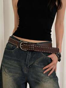 Thắt lưng nữ khóa kim loại đinh tán hai hàng, màu trơn phong cách punk da PU đính đinh trang trí, phụ kiện phù hợp đi học, dùng cho mọi mùa, quà tặng cho nữ - A - Xem 7