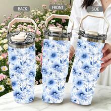 1/5pcs 30oz Large Capacity Insulated Tumbler, Blue Watercolor Floral Print, Dual-Use Flip Lid, Leak-Proof Seal, Suitable For Summer Outings, Camping And Daily Use, Great Gift - Blue Watercolor Floral Pattern - View 4