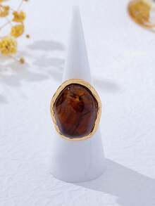 1件復古法式不對稱樹脂鑲嵌戒指，極簡奢華小眾設計女款飾品，適合日常佩戴、度假、約會、宴會、派對，高端配件與節日禮物 - 金色+琥珀色 - 查看 5
