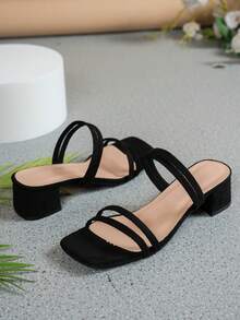 Women's Black High Heel Sandals, Elegant Summer Faux Suede Open Toe Chunky Heel Ankle Strap Sandals - Black - View 5