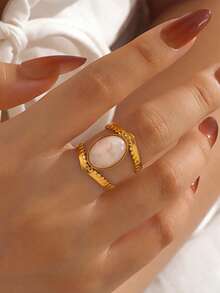 1pc Stainless Steel Fashionable Green Oval Ring, Suitable For Daily Wear - Multicolor - View 8