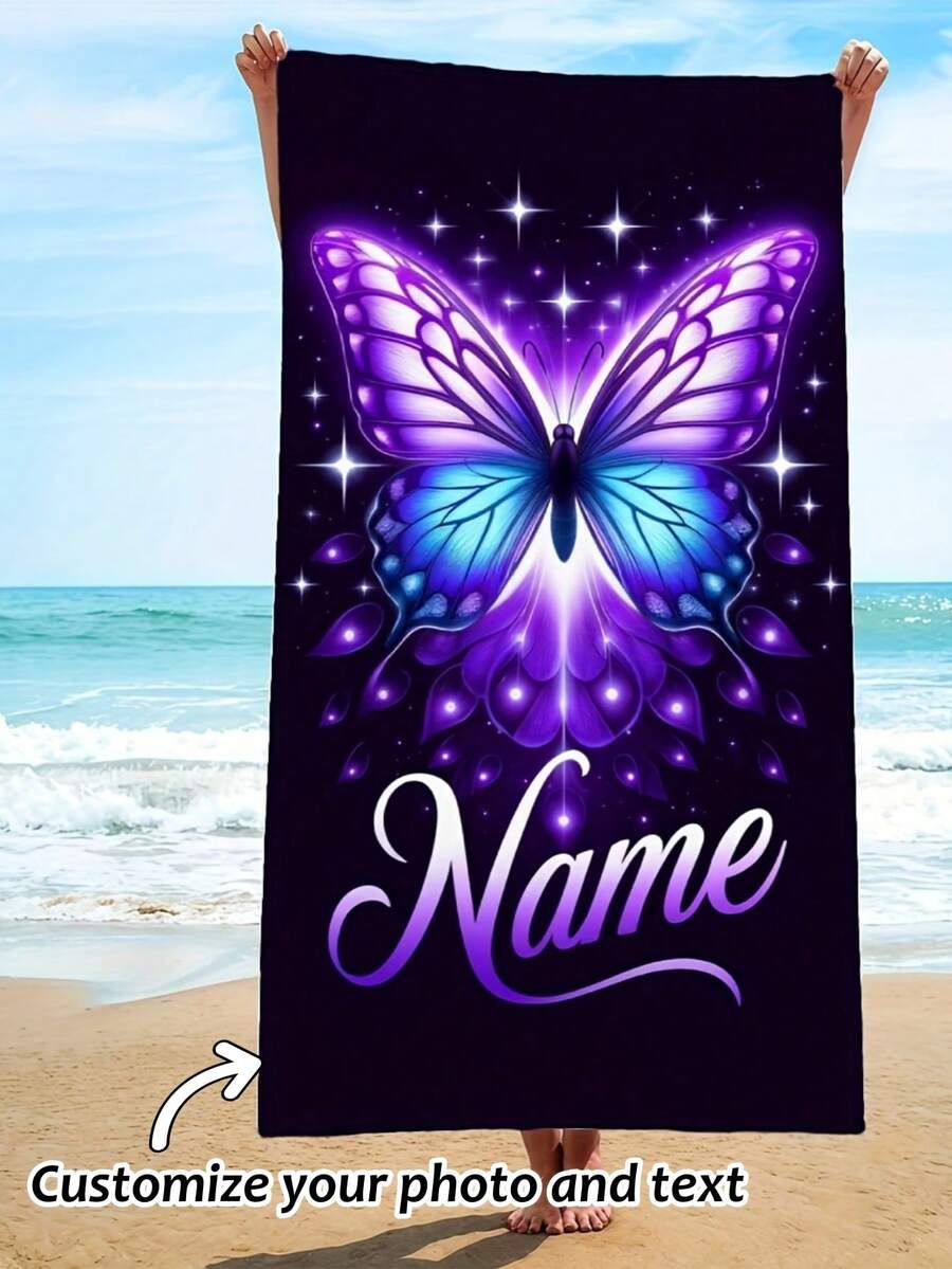 1 pieza Toalla de playa personalizada - Estampado de mariposa púrpura y nombre - Colores brillantes, microfibra ligera, resistente a la arena y de secado rápido, perfecta para viajes y diversión en la playa, esencial para la piscina y el camping - Multicolor - Ver 1
