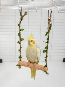 1pc Faux Solid Wood Parrot Swing Toy, Durable With Artificial Green Leaves And Hemp Rope Hanging Perch, Cage Accessory For Cockatiel / Budgie / Lovebird And Other Small To Medium Parrots - View 3