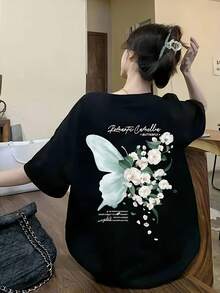 Camiseta de manga corta con estampado de mariposas a doble cara de primera calidad, estilo casual, elección perfecta para el verano, moda femenina cómoda - suave y transpirable, adecuada para uso diario informal, ecológica. - Negro - Ver 3