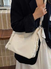 2026新款女款大容量通勤小眾設計單肩包 休閒百搭極簡時尚斜挎包 舒適布料PU紋理 素色設計 拉鍊開合 可調節長肩帶 多功能大空間托特包 附吊飾 - 白色 - 查看 8