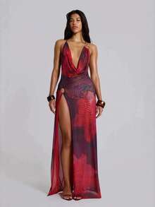 New Halter Dress With Metallic Hoop And Open Cut - 紅色 - 查看 2