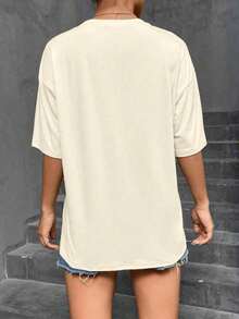 1 pieza Playeras de mujer, Minimalista entallado manga corta algodón Camisetas de mujer, Gráfico Otoño Tops para mujer para Beach, elástico - Albaricoque - Ver 2