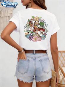 Toy Story Character Floral Pattern Themed Double-Sided Shirt, Women's Casual Round Neck Short Sleeve T-Shirt, Suitable For Spring/Autumn/Summer - 白色 - 查看 3