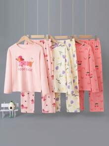 3 Sets Girls Long Sleeve Long Pants Loungewear Set, Pajama Set, Casual Set, Cartoon All-Over Print Top And Pants - Multicolor - View 1