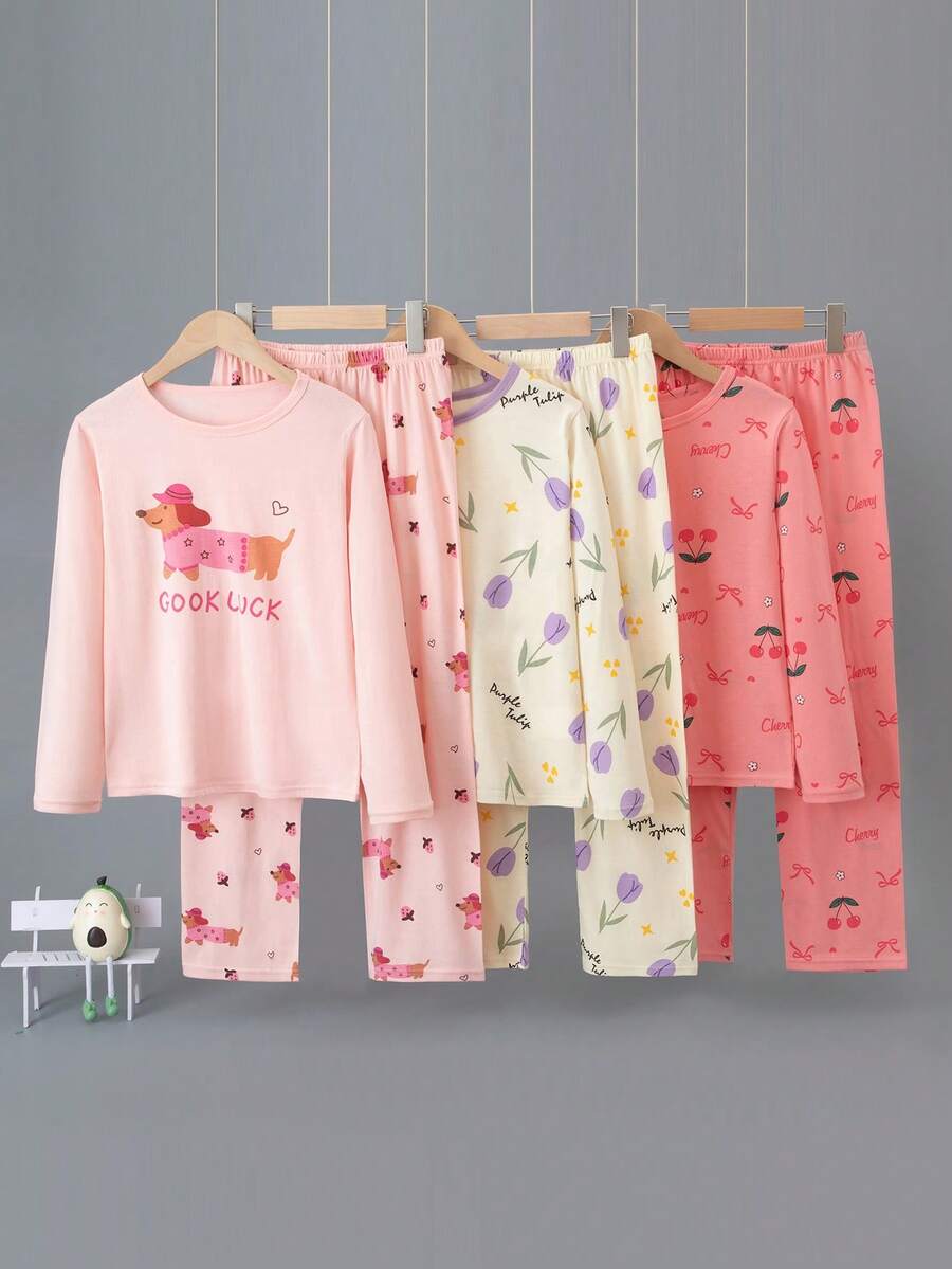 3 Sets Girls Long Sleeve Long Pants Loungewear Set, Pajama Set, Casual Set, Cartoon All-Over Print Top And Pants - Multicolor - View 1