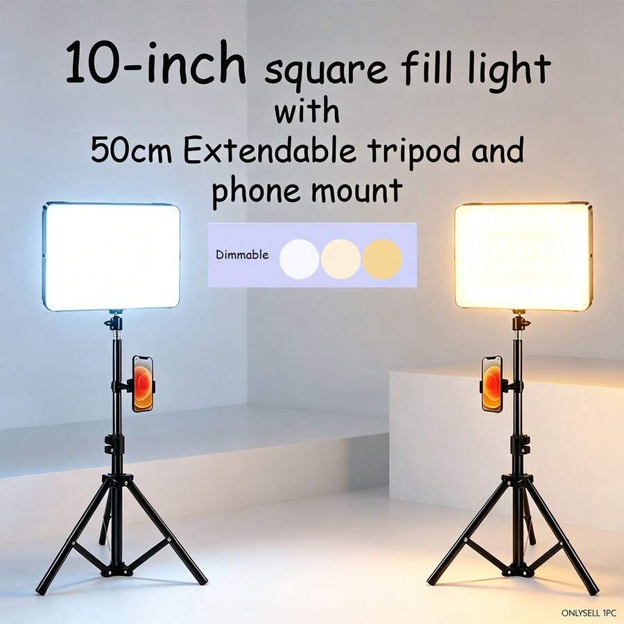 Borriig 10 Inch Dimmable Square LED Fill Light With 50cm Extendable Tripod And Phone Holder, For Live Streaming / Makeup / Photography Lighting