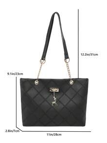 1pc Polyester Deer Pattern Large Capacity Zipper Fashion Women's Shoulder Tote Bag, Suitable For Daily Use - Black - View 3