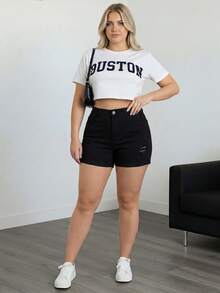 Plus Size High Stretch Black Denim Shorts With Distressed Details, Buttons, Zipper And Pockets Casual Summer - Black - View 6