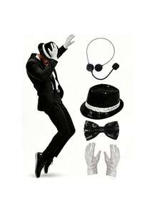 2/3/4/5/7 Piece Classic Stage Costume Set: Bowler Hat + Fashion Glasses + Gloves + Fake Microphone + Tie, 5-Piece Set, Halloween Party Performance Props, Imitation Show Props, Sequin Hat, White Gloves, Fashion Glasses, Suitable For Retro Style, 80s Disco, Music Themed Company Party, School Gala, Also Can Be Used As Unified Props For Team Performances - Multicolor - View 18
