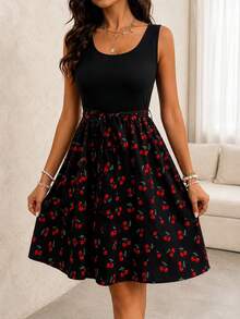 Casual Fashionable Women's Ditsy Floral Camisole Dress With Tie Waist Belt Elegant Vacation Black Summer - Black - View 2