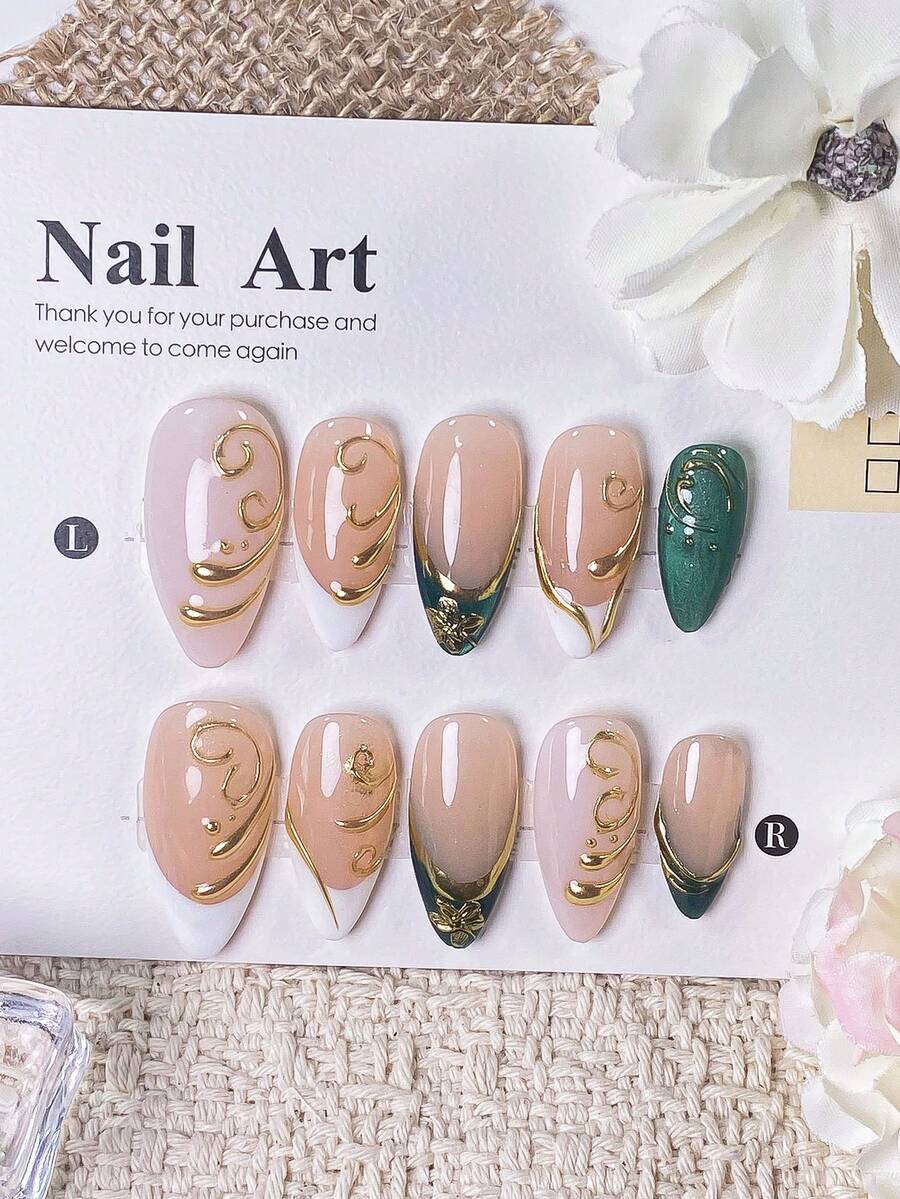 10 Pieces Of Handmade Press On Nails, Green Cat's Eye Design, Green French-Style Fingertip Manicure With Gold Flowers And Golden Floral Stem Vines. Stylish, Elegant, Fresh Summer Nail Art. Perfect For Everyday Dates And Parties With Fake Nails. - Green - View 1