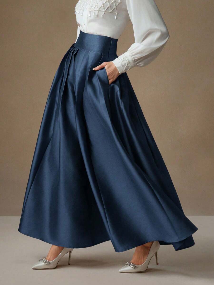 Falda larga plisada de estilo elegante y retro de cintura alta al estilo palaciego - Azul marino - Ver 1