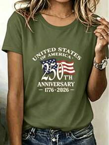 Loose V Neck Red Women's Tee Curved American Text Floating Star Strip Flag Print, Silky Smooth Top For Patriotic Anniversary Holiday Wear - 綠色 - 查看 13