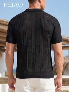 Cárdigan de punto jacquard de unicolor con diseño hueco inspirado en monedas vintage para hombres, adecuado para ir al trabajo, uso casual y vacaciones, estilo minimalista casual y elegante de uso múltiple - Negro - Ver 2