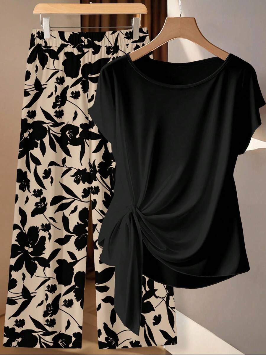 Clasi Blusa de mujer con lazo y estampado de hojas florales, pantalones rectos sueltos conjunto de 2 piezas, adecuado para salidas, viajes al trabajo, elegante, romántico, chic, vacaciones en la playa - Multicolor - Ver 1