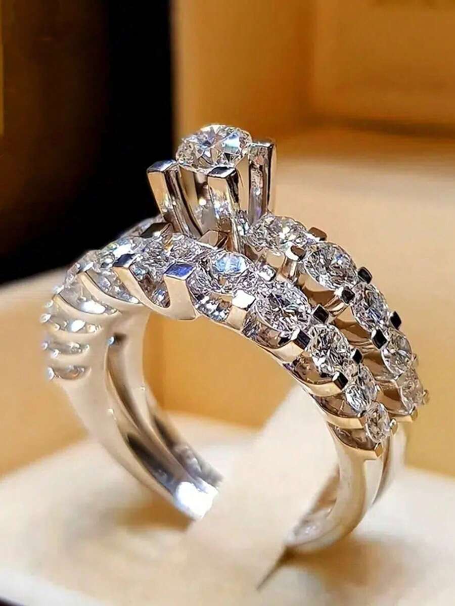 2件組精緻立方氧化鋯戒指套組,女性情人節禮物,婚禮週年慶派對珠寶 - 銀色 - 查看 1