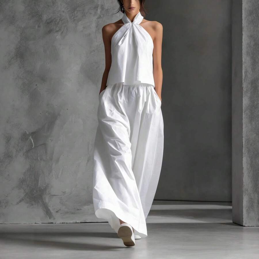 Women's Minimalist Elegant 2-Piece Halter Neck Top & High Waist Wide Leg Pants Set - 白色 - 查看 1