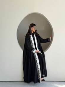 Hafizah Modest Long Dress Black Lace Trim Spliced Premium Coat Black & White Spliced Women's Clothing - Black - View 5
