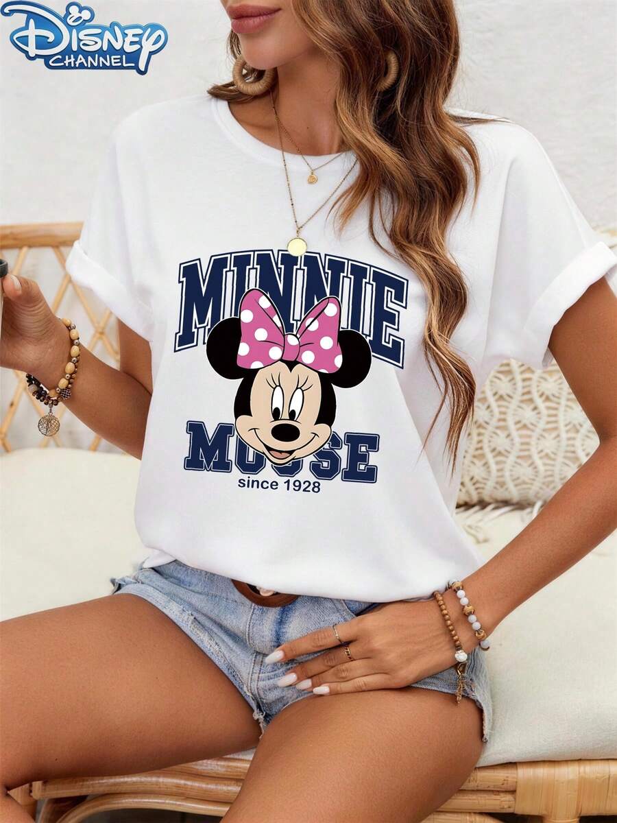 Minnie Mouse Classic Print Disney Women's Casual Round Neck Short Sleeve T-Shirt, Suitable For Wearing In Spring/Autumn/Summer, With A Loose - 白色 - 查看 1