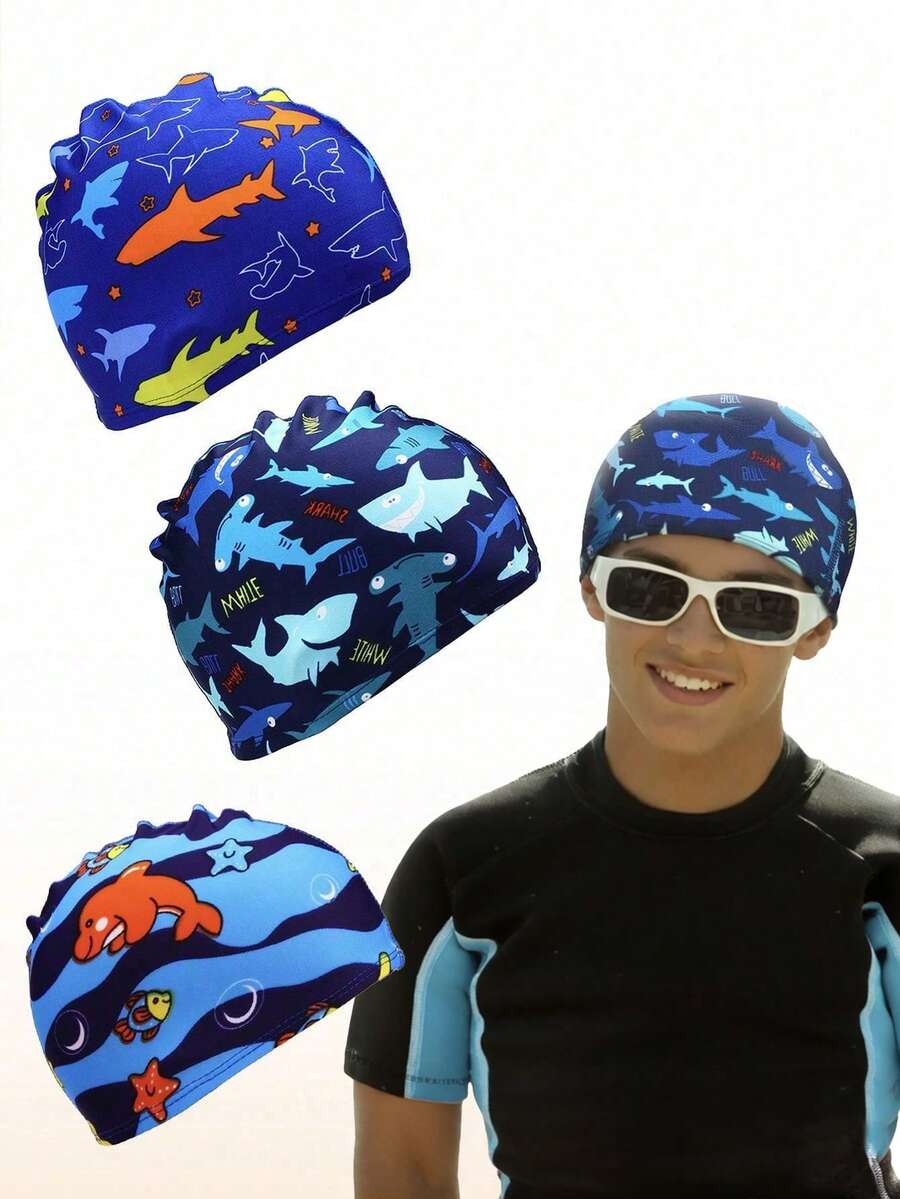 1 pieza/2 piezas Gorro de natación unisex de poliéster, adecuado para niños, niñas, con pelo largo o corto, gorro de natación de verano - Multicolor - Ver 1