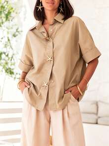 Nueva llegada Camisa de manga corta holgada con botón de estrella de mar popular, blusa de unicolor casual para mujer, verano - Camel - Ver 1