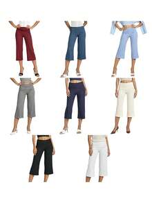 Womens Wide Leg Capris Casual Fold Over Waist Stylish Solid Color Mid Rise Cropped Pants - Grey - View 4